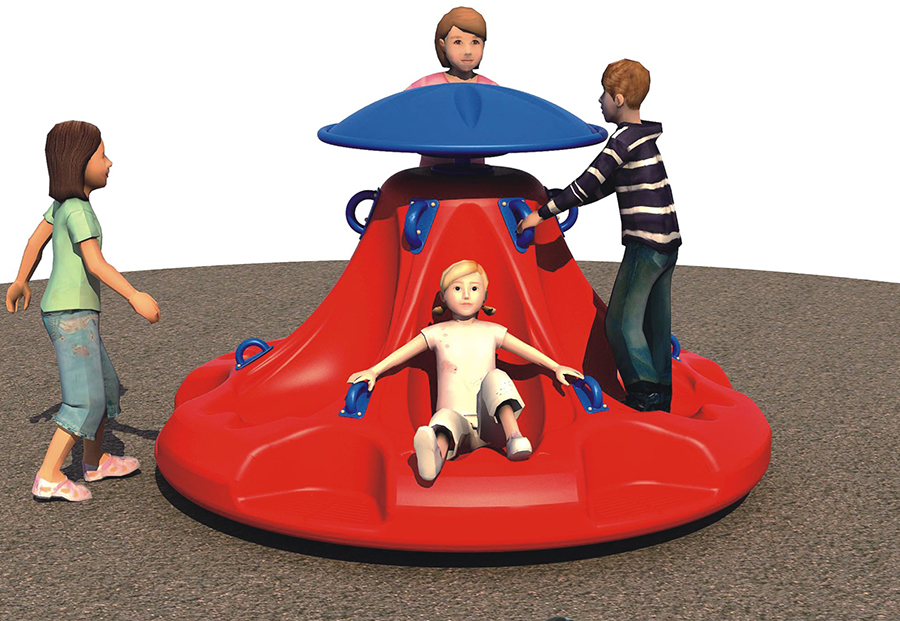 遊園地の屋外遊具を回転させる子供たち